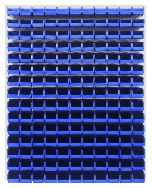 QLP-4861HC-220-165_BL.jpg Blue plastic storage bins are neatly arranged in a grid on a Quantum Louvered Panel, wall-mounted and measuring 48L x 8D x 61H. Consisting of 165 Qus220 bins, the display showcases uniformity with each empty bin shown front-facing. The panel is made of heavy-duty cold-rolled steel.