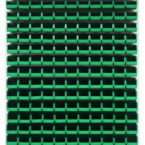 The Quantum Louvered Panel, measuring 48L x 8D x 61H, is a wall-mounted storage system crafted from heavy-duty 16-gauge cold rolled steel with an oyster white enamel finish. It includes 165 Qus220 clear bins in a grid pattern for organizing small parts. Note: Mounting hardware is not included.