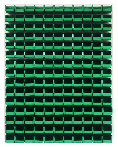 QLP-4861HC-220-165_GN.jpg The Quantum Louvered Panel, measuring 48L x 8D x 61H, is a wall-mounted storage system crafted from heavy-duty 16-gauge cold rolled steel with an oyster white enamel finish. It includes 165 Qus220 clear bins in a grid pattern for organizing small parts. Note: Mounting hardware is not included.