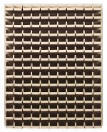 The Quantum Louvered Panel, measuring 48L x 8D x 61H, is crafted from heavy-duty 16 gauge cold rolled steel with an oyster white enamel finish. Featuring (165) QUS220 clear bins, its ideal for organizing small items and mounts on a wall for a practical display. Mounting hardware not included.