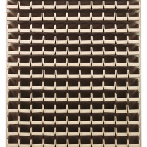 The Quantum Louvered Panel, measuring 48L x 8D x 61H, is crafted from heavy-duty 16 gauge cold rolled steel with an oyster white enamel finish. Featuring (165) QUS220 clear bins, its ideal for organizing small items and mounts on a wall for a practical display. Mounting hardware not included.