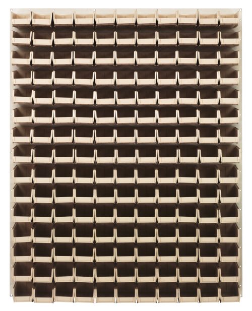 The Quantum Louvered Panel, measuring 48L x 8D x 61H, is crafted from heavy-duty 16 gauge cold rolled steel with an oyster white enamel finish. Featuring (165) QUS220 clear bins, its ideal for organizing small items and mounts on a wall for a practical display. Mounting hardware not included.