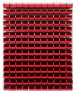 A Quantum Louvered Panel, 48L x 8D x 61H, wall-mounted in oyster white, displays numerous evenly distributed Qus220 clear bins made of heavy-duty 16-gauge cold-rolled steel.