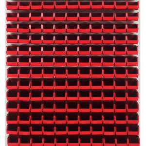 A Quantum Louvered Panel, 48L x 8D x 61H, wall-mounted in oyster white, displays numerous evenly distributed Qus220 clear bins made of heavy-duty 16-gauge cold-rolled steel.