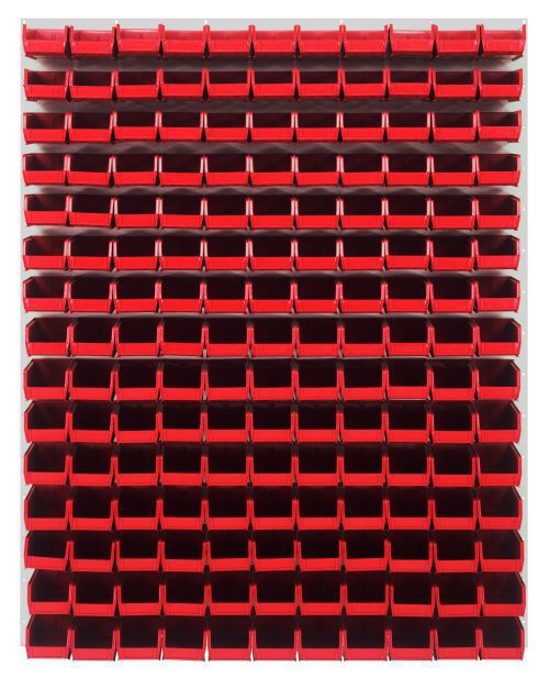 A Quantum Louvered Panel, 48L x 8D x 61H, wall-mounted in oyster white, displays numerous evenly distributed Qus220 clear bins made of heavy-duty 16-gauge cold-rolled steel.