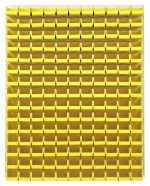 A 48L x 8D X 61H Quantum Louvered Panel, finished in oyster white enamel, showcases an orderly grid of clear Qus220 bins made from heavy-duty 16-gauge cold-rolled steel.