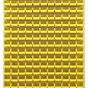 A 48L x 8D X 61H Quantum Louvered Panel, finished in oyster white enamel, showcases an orderly grid of clear Qus220 bins made from heavy-duty 16-gauge cold-rolled steel.