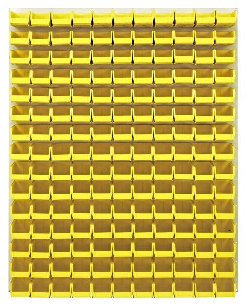 A 48L x 8D X 61H Quantum Louvered Panel, finished in oyster white enamel, showcases an orderly grid of clear Qus220 bins made from heavy-duty 16-gauge cold-rolled steel.