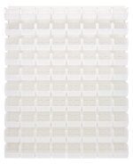 A grid of ninety-six clear QUS230 bins is arranged in eight rows against an oyster white background, supported by a Quantum Louvered Panel wall mount of heavy-duty 16 gauge cold rolled steel measuring 48L x 11D x 61H.