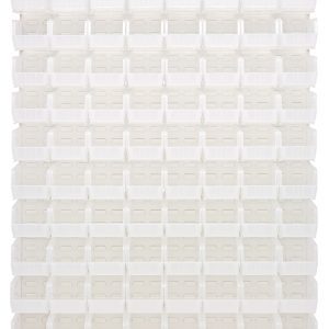 A grid of ninety-six clear QUS230 bins is arranged in eight rows against an oyster white background, supported by a Quantum Louvered Panel wall mount of heavy-duty 16 gauge cold rolled steel measuring 48L x 11D x 61H.