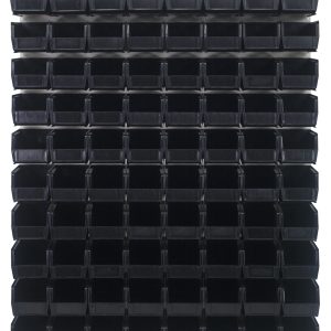 The Quantum Louvered Panel is a wall-mounted storage rack made of heavy-duty 16 gauge cold rolled steel with an oyster white enamel finish, measuring 48L x 11D x 61H. It includes 80 black QUS230 bins arranged in a grid. (Mounting hardware not included).