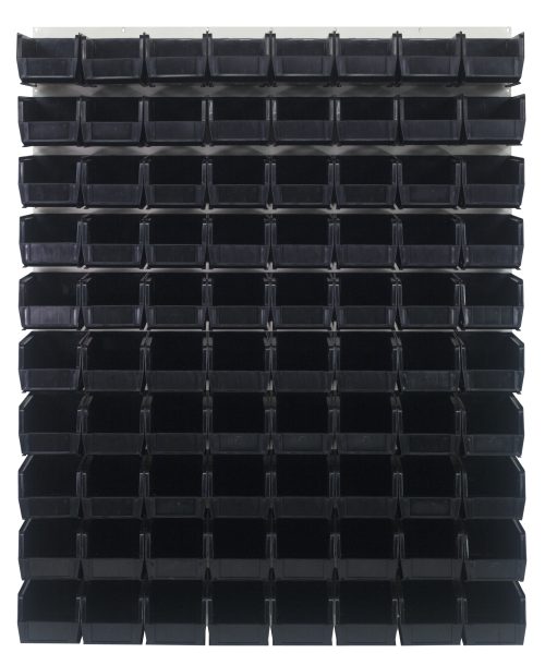 The Quantum Louvered Panel is a wall-mounted storage rack made of heavy-duty 16 gauge cold rolled steel with an oyster white enamel finish, measuring 48L x 11D x 61H. It includes 80 black QUS230 bins arranged in a grid. (Mounting hardware not included).