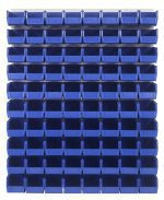 The Quantum Louvered Panel is a 48L x 11D x 61H wall-mounted organizer made of heavy-duty 16 gauge cold rolled steel with an oyster white enamel finish. It includes 80 blue Qus230 bins, offering a space-efficient storage solution for small items. (Mounting hardware not included).