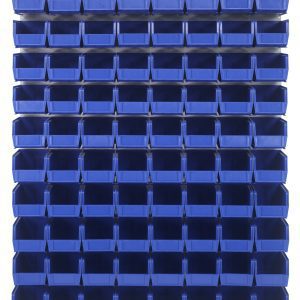 The Quantum Louvered Panel is a 48L x 11D x 61H wall-mounted organizer made of heavy-duty 16 gauge cold rolled steel with an oyster white enamel finish. It includes 80 blue Qus230 bins, offering a space-efficient storage solution for small items. (Mounting hardware not included).