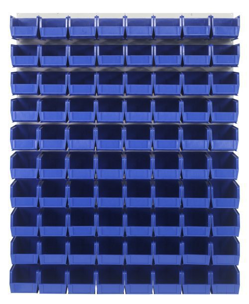 The Quantum Louvered Panel is a 48L x 11D x 61H wall-mounted organizer made of heavy-duty 16 gauge cold rolled steel with an oyster white enamel finish. It includes 80 blue Qus230 bins, offering a space-efficient storage solution for small items. (Mounting hardware not included).
