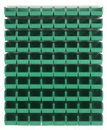 The Quantum Louvered Panel is a 48L x 11D x 61H wall-mounted storage rack in oyster white, featuring 80 clear bins made from sturdy 16-gauge cold rolled steel. Its open-front design allows for easy access and keeps your space tidy and organized. (Mounting hardware not included.).