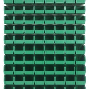 The Quantum Louvered Panel is a 48L x 11D x 61H wall-mounted storage rack in oyster white, featuring 80 clear bins made from sturdy 16-gauge cold rolled steel. Its open-front design allows for easy access and keeps your space tidy and organized. (Mounting hardware not included.).