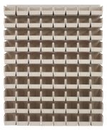 Image of an oyster white Quantum Louvered Panel wall-mounted storage organizer, made from heavy-duty 16 gauge cold rolled steel. It includes multiple rows of 80 clear Qus230 bins, all empty and neatly arranged in a grid pattern. Dimensions: 48L x 11D x 61H.