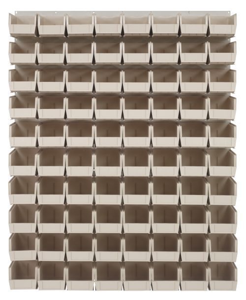 Image of an oyster white Quantum Louvered Panel wall-mounted storage organizer, made from heavy-duty 16 gauge cold rolled steel. It includes multiple rows of 80 clear Qus230 bins, all empty and neatly arranged in a grid pattern. Dimensions: 48L x 11D x 61H.