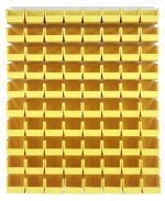 The Quantum Louvered Panel is wall-mounted and made of heavy-duty 16 gauge cold-rolled steel. Measuring 48L x 11D x 61H, it includes 80 clear bins for organizing small parts or tools across eight rows. The panel has an oyster white enamel-coated finish (mounting hardware not included).