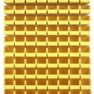 The Quantum Louvered Panel is wall-mounted and made of heavy-duty 16 gauge cold-rolled steel. Measuring 48L x 11D x 61H, it includes 80 clear bins for organizing small parts or tools across eight rows. The panel has an oyster white enamel-coated finish (mounting hardware not included).