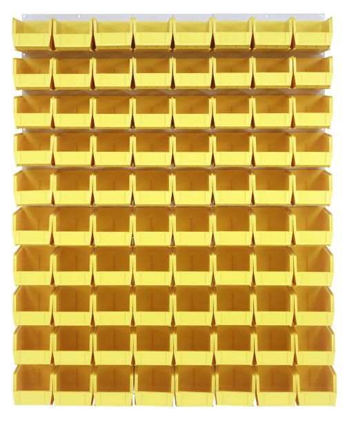 The Quantum Louvered Panel is wall-mounted and made of heavy-duty 16 gauge cold-rolled steel. Measuring 48L x 11D x 61H, it includes 80 clear bins for organizing small parts or tools across eight rows. The panel has an oyster white enamel-coated finish (mounting hardware not included).