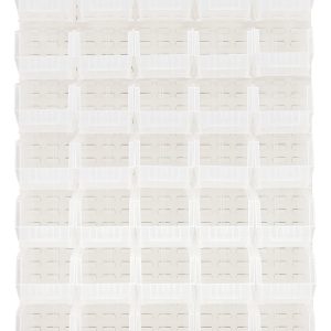 The Quantum Louvered Panel, in oyster white enamel, is a wall-mounted organizer made from heavy-duty 16 gauge cold rolled steel. It measures 48L x 15D x 61H and includes 35 transparent Qus240 bins for easy access to small items. Mounting hardware not included.