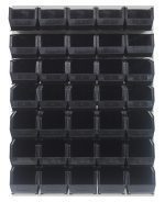 The Quantum Louvered Panel, measuring 48L x 15D x 61H and finished in Oyster White enamel, features 35 QUS240 black bins made from heavy-duty 16-gauge cold-rolled steel. The wall-mounted design is ideal for organizing small tools or parts with open tops and label slots on each bin.