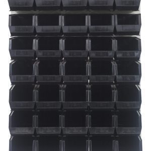 The Quantum Louvered Panel, measuring 48L x 15D x 61H and finished in Oyster White enamel, features 35 QUS240 black bins made from heavy-duty 16-gauge cold-rolled steel. The wall-mounted design is ideal for organizing small tools or parts with open tops and label slots on each bin.