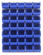 A Quantum Louvered Panel with 35 blue Qus240 bins, made from heavy-duty 16 gauge cold rolled steel and finished in oyster white enamel, is mounted on a wall. Arranged in five rows and six columns, each bins open front offers easy access. The panel measures 48L x 15D x 61H.