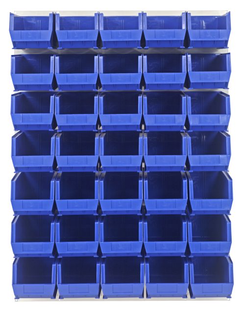 A Quantum Louvered Panel with 35 blue Qus240 bins, made from heavy-duty 16 gauge cold rolled steel and finished in oyster white enamel, is mounted on a wall. Arranged in five rows and six columns, each bins open front offers easy access. The panel measures 48L x 15D x 61H.