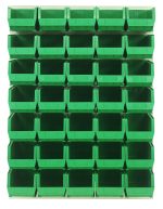 A Quantum Louvered Panel, 48L x 15D x 61H, supports a grid of wall-mounted clear bins. It includes 35 Qus240 open-faced bins for easy access and creates a tidy appearance. Made from heavy-duty 16-gauge cold-rolled steel with an oyster white enamel finish. Mounting hardware not included.