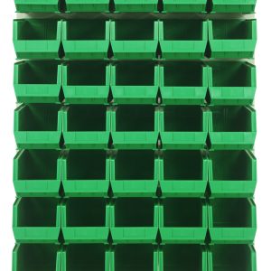 A Quantum Louvered Panel, 48L x 15D x 61H, supports a grid of wall-mounted clear bins. It includes 35 Qus240 open-faced bins for easy access and creates a tidy appearance. Made from heavy-duty 16-gauge cold-rolled steel with an oyster white enamel finish. Mounting hardware not included.