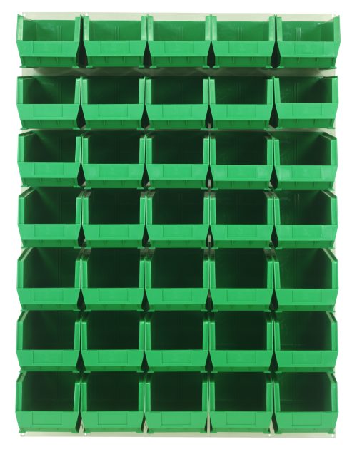 A Quantum Louvered Panel, 48L x 15D x 61H, supports a grid of wall-mounted clear bins. It includes 35 Qus240 open-faced bins for easy access and creates a tidy appearance. Made from heavy-duty 16-gauge cold-rolled steel with an oyster white enamel finish. Mounting hardware not included.