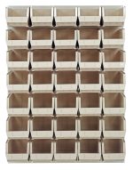 The wall-mounted Quantum Louvered Panel measures 48L x 15D x 61H and includes (35) QUS240 clear bins arranged in a 6x6 grid. Made from heavy-duty 16 gauge cold rolled steel, it features an oyster white enamel coated finish for organizing tools or small items.