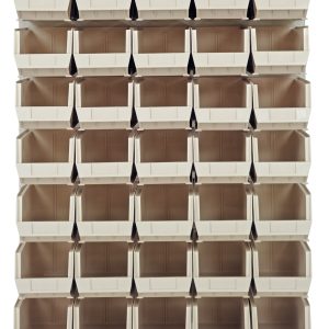 The wall-mounted Quantum Louvered Panel measures 48L x 15D x 61H and includes (35) QUS240 clear bins arranged in a 6x6 grid. Made from heavy-duty 16 gauge cold rolled steel, it features an oyster white enamel coated finish for organizing tools or small items.