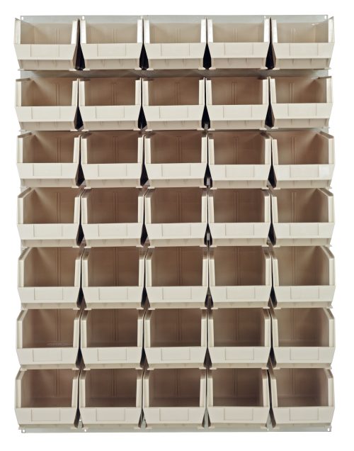QLP-4861HC-240-35_IV.jpg The wall-mounted Quantum Louvered Panel measures 48L x 15D x 61H and includes (35) QUS240 clear bins arranged in a 6x6 grid. Made from heavy-duty 16 gauge cold rolled steel, it features an oyster white enamel coated finish for organizing tools or small items.