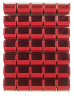 A 48L x 15D x 61H Quantum Louvered Panel in oyster white, wall-mounted, with 35 clear bins made of heavy-duty cold-rolled steel; ideal for organizing small items. Mounting hardware not included.