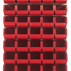 A 48L x 15D x 61H Quantum Louvered Panel in oyster white, wall-mounted, with 35 clear bins made of heavy-duty cold-rolled steel; ideal for organizing small items. Mounting hardware not included.