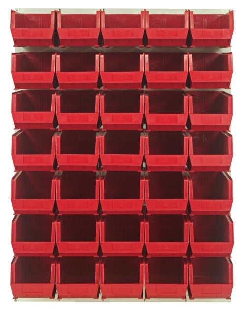 QLP-4861HC-240-35_RD.jpg A 48L x 15D x 61H Quantum Louvered Panel in oyster white, wall-mounted, with 35 clear bins made of heavy-duty cold-rolled steel; ideal for organizing small items. Mounting hardware not included.