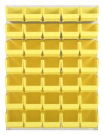 The Quantum Louvered Panel is a 48L x 15D x 61H wall-mounted organizer with 35 clear QUS240 bins. Made of heavy-duty 16 gauge cold rolled steel, it has an oyster white enamel finish and is perfect for organizing small items. Mounting hardware not included.