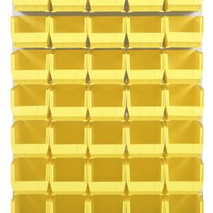 The Quantum Louvered Panel is a 48L x 15D x 61H wall-mounted organizer with 35 clear QUS240 bins. Made of heavy-duty 16 gauge cold rolled steel, it has an oyster white enamel finish and is perfect for organizing small items. Mounting hardware not included.