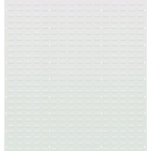 The Quantum Louvered Panel, wall-mounted and measuring 48L x 61H, is made from heavy-duty 16-gauge cold rolled steel with an oyster white enamel finish featuring evenly spaced slots.