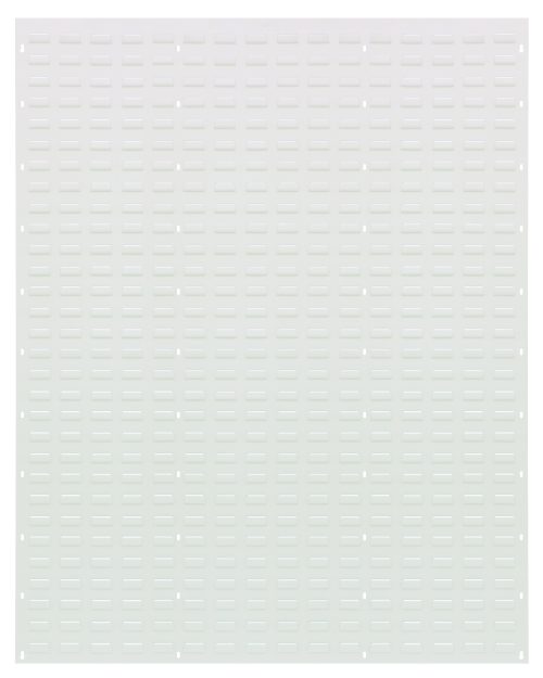 The Quantum Louvered Panel, wall-mounted and measuring 48L x 61H, is made from heavy-duty 16-gauge cold rolled steel with an oyster white enamel finish featuring evenly spaced slots.