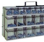 A storage organizer for QTB302-QTB306 and QTB309 models features clear compartments with assorted metal screws and nuts, a top handle for easy carrying, locking rods for security, and multiple rows of small drawers.