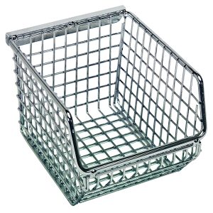 The Quantum Mesh Stack and Hang Bin is a metal wire mesh basket with an open front, shiny chrome finish, and measures 5-1/4W x 4-1/4D x 3H. It features a rectangular base with vertical sides, ideal for stylishly organizing or storing items.