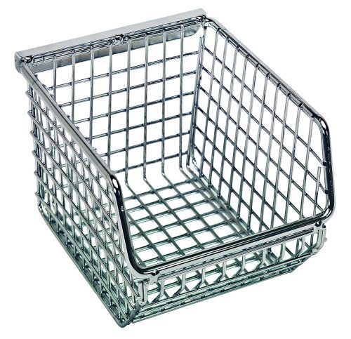 The Quantum Mesh Stack and Hang Bin is a metal wire mesh basket with an open front, shiny chrome finish, and measures 5-1/4W x 4-1/4D x 3H. It features a rectangular base with vertical sides, ideal for stylishly organizing or storing items.