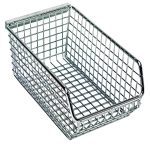 The Quantum Mesh Stack and Hang Bin, with dimensions 7-1/4W x 4-1/4D x 3H, is a sleek, stackable rectangular basket featuring a chrome finish and rear hanger with an open top and larger front opening for optimal organization or storage.