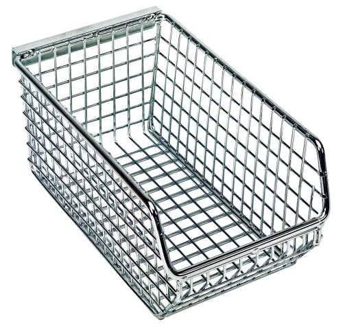 The Quantum Mesh Stack and Hang Bin, with dimensions 7-1/4W x 4-1/4D x 3H, is a sleek, stackable rectangular basket featuring a chrome finish and rear hanger with an open top and larger front opening for optimal organization or storage.