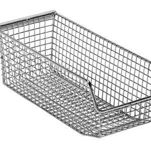 Discover the Quantum Mesh Stack and Hang Bin, a rectangular basket with a sleek chrome finish and grid pattern. Measuring 11W x 4-3/4D x 4H, its front side is lower for easy content access, making it an ideal stackable storage solution with a rear hanger for added convenience.